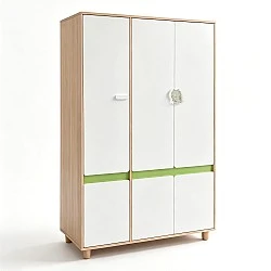 Children's Three-Wing Wardrobe GINGER HOME DINO, with Shelves, Hanger Lever and 6 Doors, White, Green and Natural Wood, 120x60x180 cm