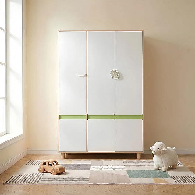 Children's Three-Wing Wardrobe GINGER HOME DINO, with Shelves, Hanger Lever and 6 Doors, White, Green and Natural Wood, 120x60x180 cm