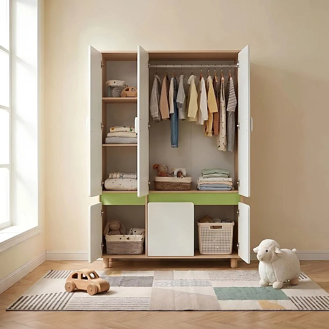 Children's Three-Wing Wardrobe GINGER HOME DINO, with Shelves, Hanger Lever and 6 Doors, White, Green and Natural Wood, 120x60x180 cm
