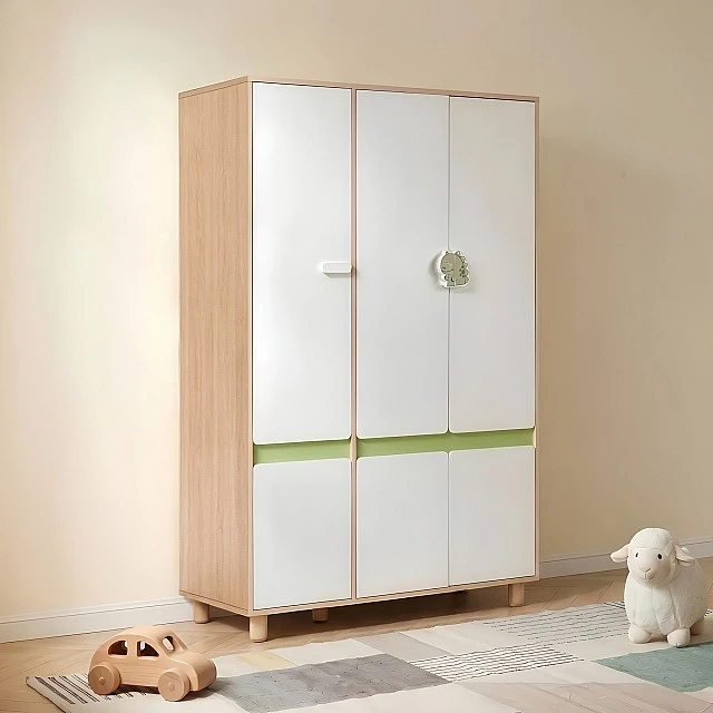 Children's Three-Wing Wardrobe GINGER HOME DINO, with Shelves, Hanger Lever and 6 Doors, White, Green and Natural Wood, 120x60x180 cm