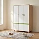 Children's Three-Wing Wardrobe GINGER HOME DINO, with Shelves, Hanger Lever and 6 Doors, White, Green and Natural Wood, 120x60x180 cm