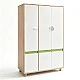 Children's Three-Wing Wardrobe GINGER HOME DINO, with Shelves, Hanger Lever and 6 Doors, White, Green and Natural Wood, 120x60x180 cm
