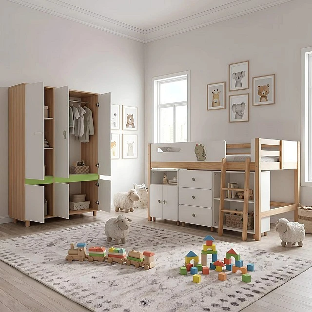 Children's Three-Wing Wardrobe GINGER HOME DINO, with Shelves, Hanger Lever and 6 Doors, White, Green and Natural Wood, 120x60x180 cm