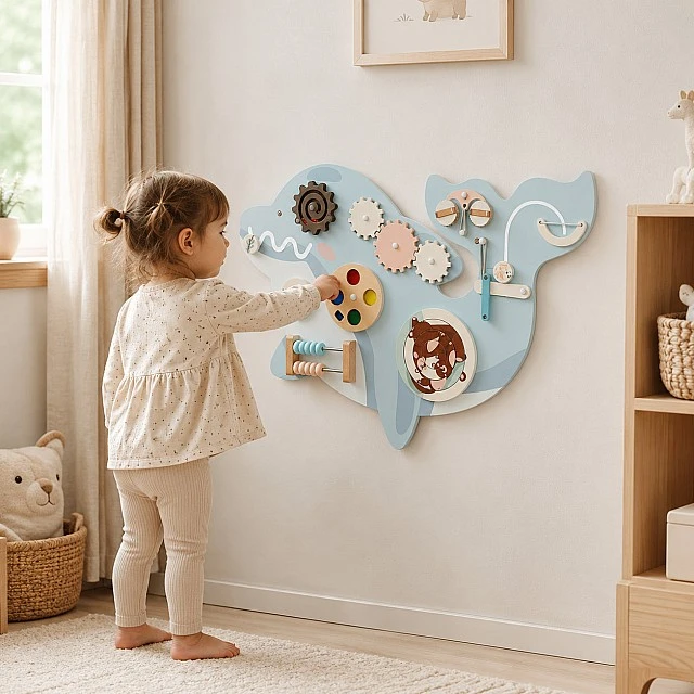 Children's Wooden Activity Board GINGER HOME, Dolphin for Wall, Montessori Busyboard, 59.6x39.5 cm