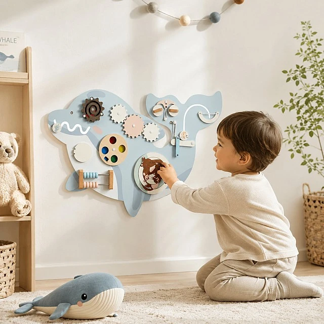 Children's Wooden Activity Board GINGER HOME, Dolphin for Wall, Montessori Busyboard, 59.6x39.5 cm