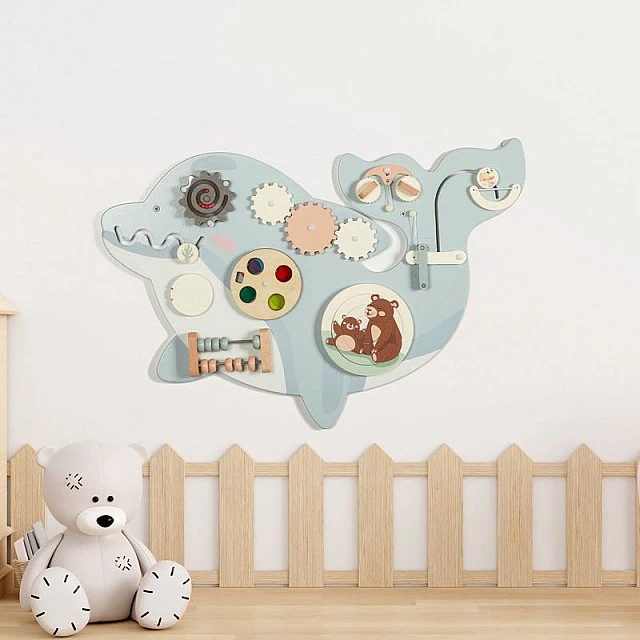Children's Wooden Activity Board GINGER HOME, Dolphin for Wall, Montessori Busyboard, 59.6x39.5 cm