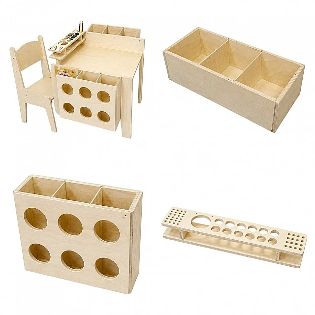 GINGER HOME Children's Wooden Desk with Adjustable Chair and Organizer, Montessori Drawing Table, Educational Set for Children, Natural Wood, 77x50x52 cm