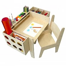 GINGER HOME Children's Wooden Desk with Adjustable Chair and Organizer, Montessori Drawing Table, Educational Set for Children, Natural Wood, 77x50x52 cm