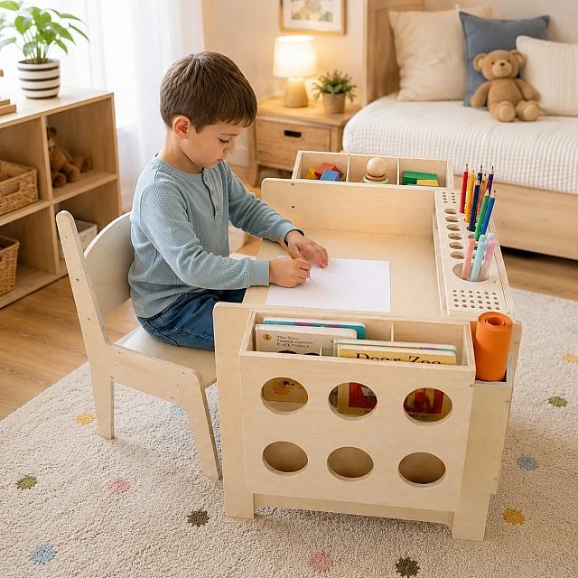 GINGER HOME Children's Wooden Desk with Adjustable Chair and Organizer, Montessori Drawing Table, Educational Set for Children, Natural Wood, 77x50x52 cm