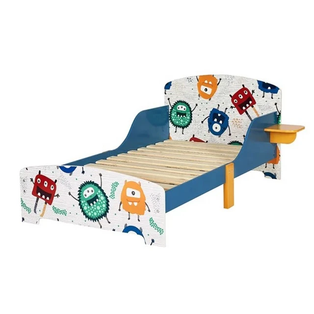 Children’s Wooden Bed with Fall Protection, Slatted Mattress Frame 140/70 cm, Comfortable Stand - MONSTER