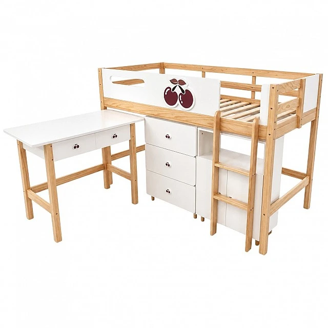 Children's Combined Bed GINGER HOME CHERRY with Desk, Chest of Drawers, Wardrobe and Mattress Frame, 90x200 cm