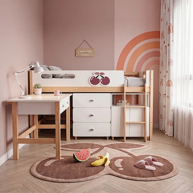 Children's Combined Bed GINGER HOME CHERRY with Desk, Chest of Drawers, Wardrobe and Mattress Frame, 90x200 cm