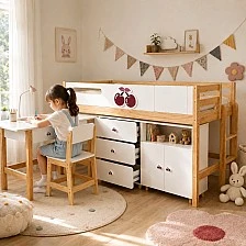 Children's Combined Bed GINGER HOME CHERRY with Desk, Chest of Drawers, Wardrobe and Mattress Frame, 90x200 cm