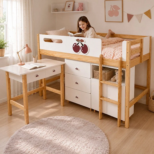 Children's Combined Bed GINGER HOME CHERRY with Desk, Chest of Drawers, Wardrobe and Mattress Frame, 90x200 cm