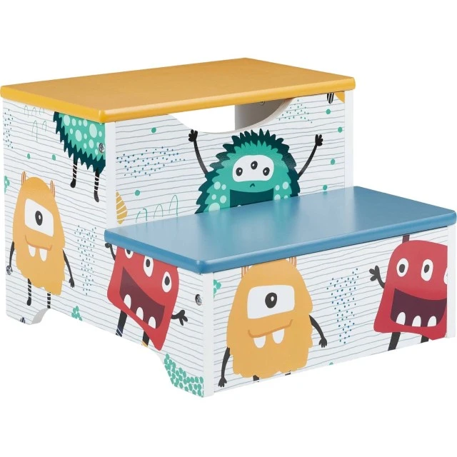 Children’s Chair-Stepladder, made of Wood, with 2 Steps, Storage Space, Carrying Handle - MONSTER