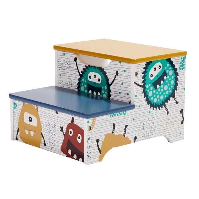 Children’s Chair-Stepladder, made of Wood, with 2 Steps, Storage Space, Carrying Handle - MONSTER