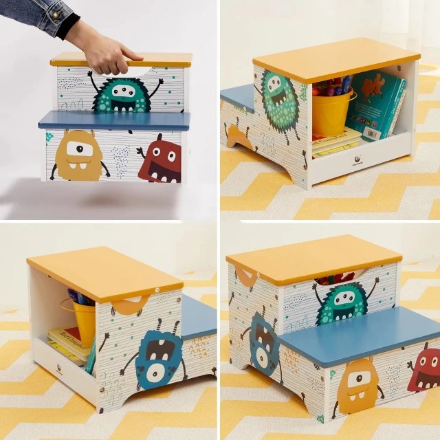 Children’s Chair-Stepladder, made of Wood, with 2 Steps, Storage Space, Carrying Handle - MONSTER