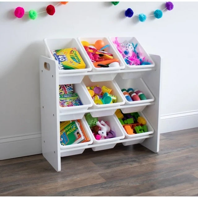 Shelf with 9 Storage Boxes, Section for Children’s Room, Organizer for Toys and Books Made of Wood - WHITE