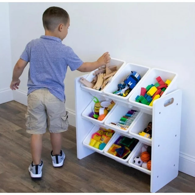 Shelf with 9 Storage Boxes, Section for Children’s Room, Organizer for Toys and Books Made of Wood - WHITE