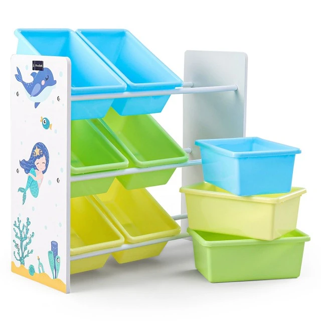 Shelf for Toys and Books, Section for Children’s Room with 9 Storage Boxes, Wooden Organizer - MERMAID