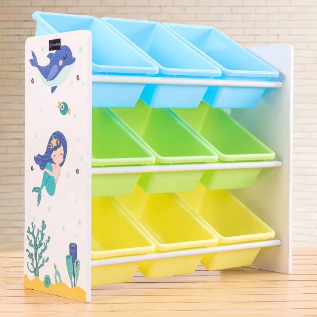 Shelf for Toys and Books, Section for Children’s Room with 9 Storage Boxes, Wooden Organizer - MERMAID
