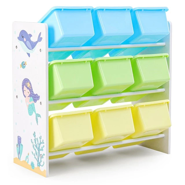 Shelf for Toys and Books, Section for Children’s Room with 9 Storage Boxes, Wooden Organizer - MERMAID