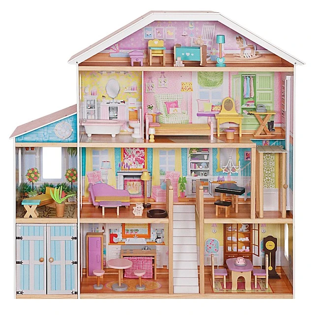 Large Children's Wooden Dollhouse GINGER HOME Grand Villa, 4 Floors, 28 Furniture and Accessories, Multiple Furnished Rooms, Open Design, 119x31.5x122.5 cm