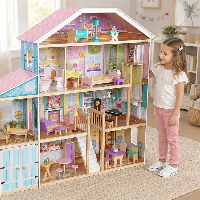 Large Children's Wooden Dollhouse GINGER HOME Grand Villa, 4 Floors, 28 Furniture and Accessories, Multiple Furnished Rooms, Open Design, 119x31.5x122.5 cm
