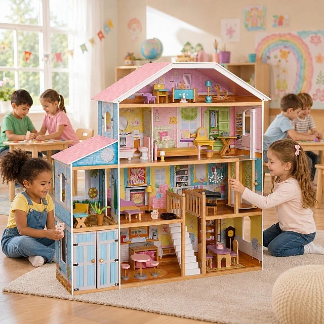 Large Children's Wooden Dollhouse GINGER HOME Grand Villa, 4 Floors, 28 Furniture and Accessories, Multiple Furnished Rooms, Open Design, 119x31.5x122.5 cm
