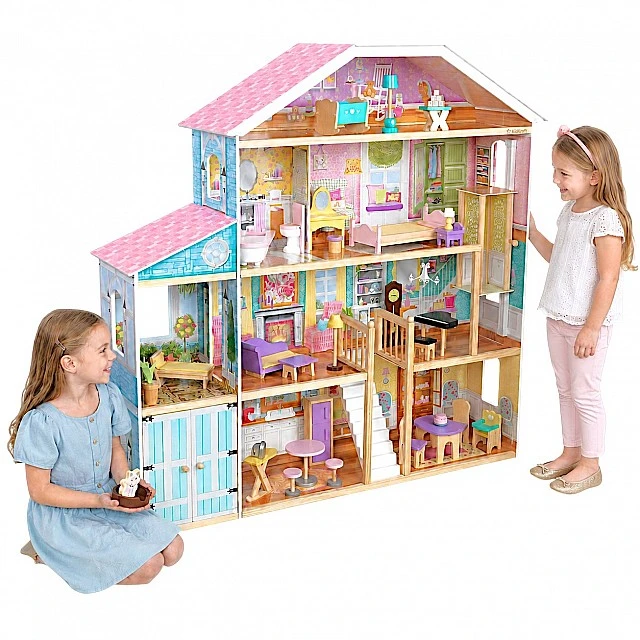 Large Children's Wooden Dollhouse GINGER HOME Grand Villa, 4 Floors, 28 Furniture and Accessories, Multiple Furnished Rooms, Open Design, 119x31.5x122.5 cm