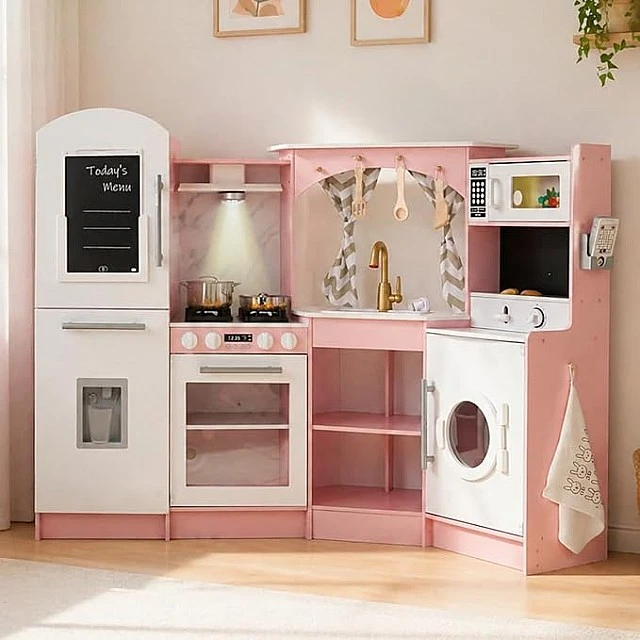 Large Children's Wooden Kitchen GINGER HOME, Corner with Sink with Running Water, Sound and Light, Refrigerator, Microwave, Washing Machine, Window, Curtains and Accessories, 134x80x99 cm