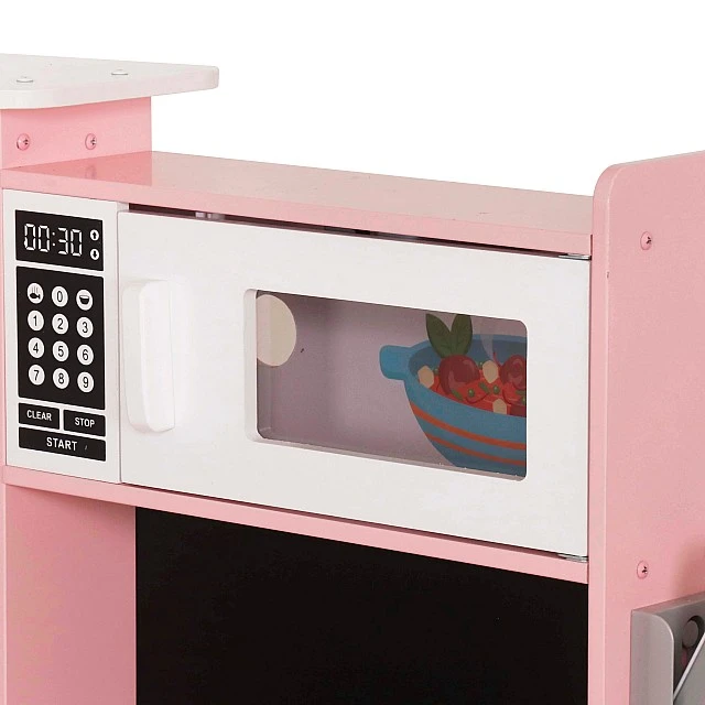 Large Children's Wooden Kitchen GINGER HOME, Corner with Sink with Running Water, Sound and Light, Refrigerator, Microwave, Washing Machine, Window, Curtains and Accessories, 134x80x99 cm