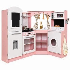 Large Children's Wooden Kitchen GINGER HOME, Corner with Sink with Running Water, Sound and Light, Refrigerator, Microwave, Washing Machine, Window, Curtains and Accessories, 134x80x99 cm