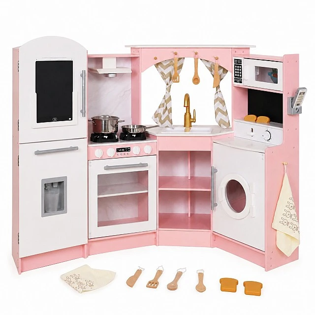 Large Children's Wooden Kitchen GINGER HOME, Corner with Sink with Running Water, Sound and Light, Refrigerator, Microwave, Washing Machine, Window, Curtains and Accessories, 134x80x99 cm