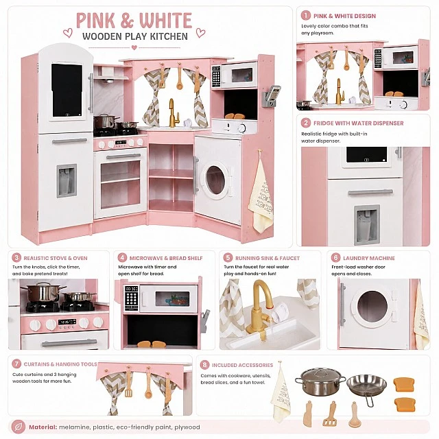 Large Children's Wooden Kitchen GINGER HOME, Corner with Sink with Running Water, Sound and Light, Refrigerator, Microwave, Washing Machine, Window, Curtains and Accessories, 134x80x99 cm