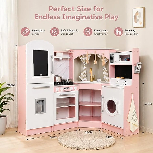 Large Children's Wooden Kitchen GINGER HOME, Corner with Sink with Running Water, Sound and Light, Refrigerator, Microwave, Washing Machine, Window, Curtains and Accessories, 134x80x99 cm