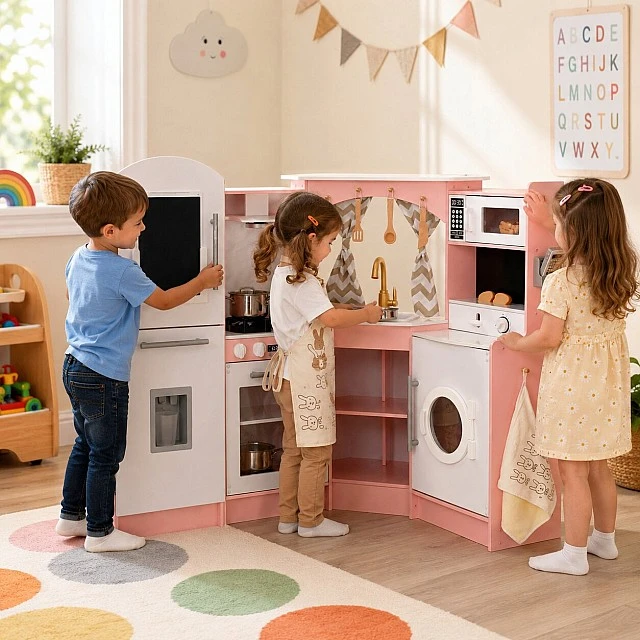 Large Children's Wooden Kitchen GINGER HOME, Corner with Sink with Running Water, Sound and Light, Refrigerator, Microwave, Washing Machine, Window, Curtains and Accessories, 134x80x99 cm