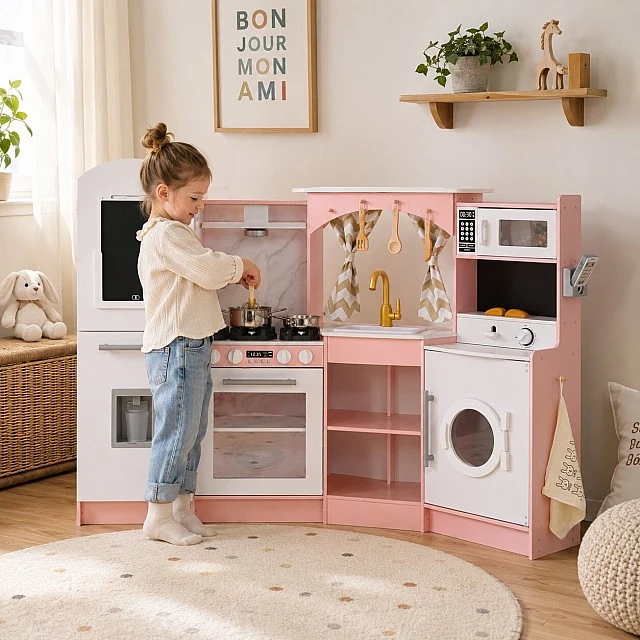 Large Children's Wooden Kitchen GINGER HOME, Corner with Sink with Running Water, Sound and Light, Refrigerator, Microwave, Washing Machine, Window, Curtains and Accessories, 134x80x99 cm