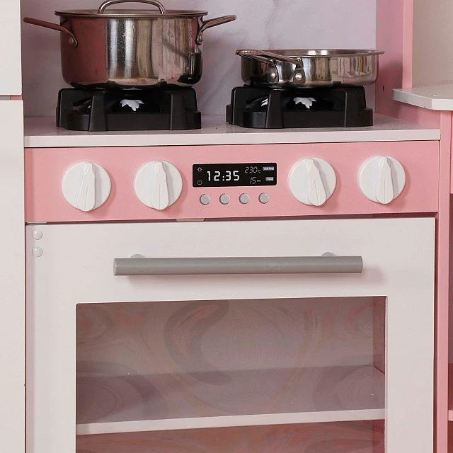 Large Children's Wooden Kitchen GINGER HOME, Corner with Sink with Running Water, Sound and Light, Refrigerator, Microwave, Washing Machine, Window, Curtains and Accessories, 134x80x99 cm
