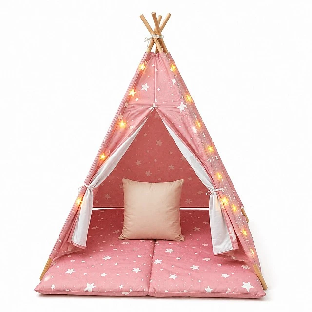 Children's Cotton Tent GINGER HOME Little Stars, Tipi, Pink with Stars, 100% Cotton, with Soft Pad with Filling, Pillow and LED Lights, 120x120x160 cm