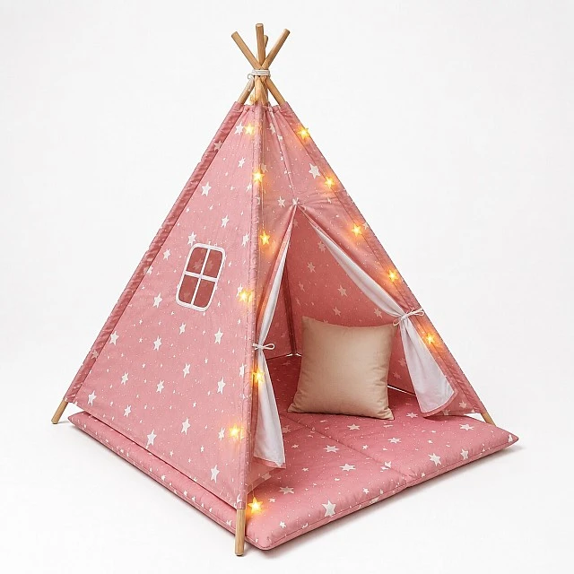 Children's Cotton Tent GINGER HOME Little Stars, Tipi, Pink with Stars, 100% Cotton, with Soft Pad with Filling, Pillow and LED Lights, 120x120x160 cm