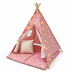 Children's Cotton Tent GINGER HOME Little Stars, Tipi, Pink with Stars, 100% Cotton, with Soft Pad with Filling, Pillow and LED Lights, 120x120x160 cm