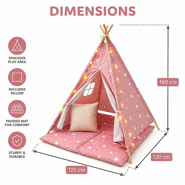 Children's Cotton Tent GINGER HOME Little Stars, Tipi, Pink with Stars, 100% Cotton, with Soft Pad with Filling, Pillow and LED Lights, 120x120x160 cm