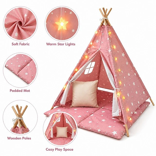 Children's Cotton Tent GINGER HOME Little Stars, Tipi, Pink with Stars, 100% Cotton, with Soft Pad with Filling, Pillow and LED Lights, 120x120x160 cm
