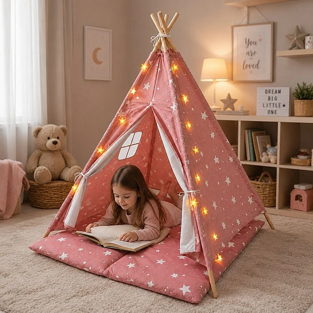 Children's Cotton Tent GINGER HOME Little Stars, Tipi, Pink with Stars, 100% Cotton, with Soft Pad with Filling, Pillow and LED Lights, 120x120x160 cm