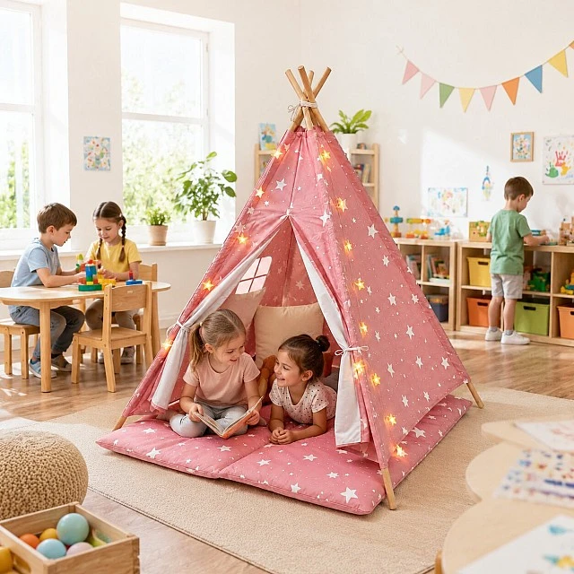 Children's Cotton Tent GINGER HOME Little Stars, Tipi, Pink with Stars, 100% Cotton, with Soft Pad with Filling, Pillow and LED Lights, 120x120x160 cm