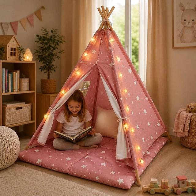 Children's Cotton Tent GINGER HOME Little Stars, Tipi, Pink with Stars, 100% Cotton, with Soft Pad with Filling, Pillow and LED Lights, 120x120x160 cm