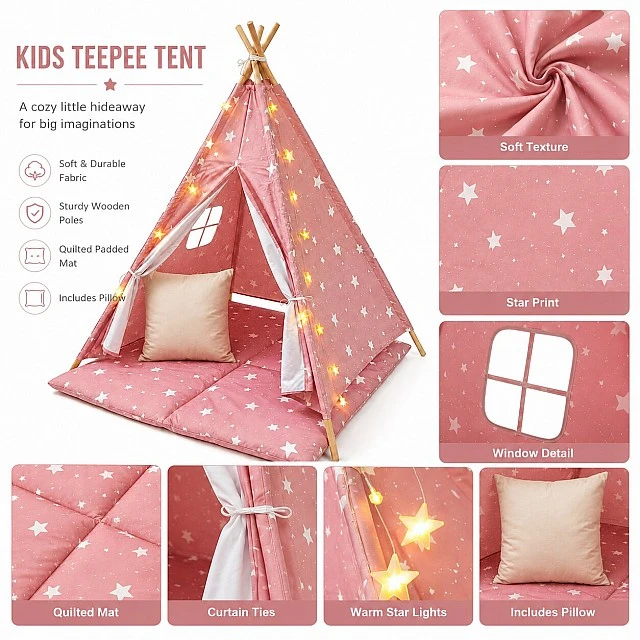 Children's Cotton Tent GINGER HOME Little Stars, Tipi, Pink with Stars, 100% Cotton, with Soft Pad with Filling, Pillow and LED Lights, 120x120x160 cm