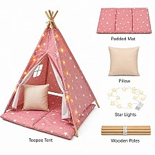 Children's Cotton Tent GINGER HOME Little Stars, Tipi, Pink with Stars, 100% Cotton, with Soft Pad with Filling, Pillow and LED Lights, 120x120x160 cm