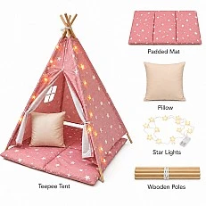 Children's Cotton Tent GINGER HOME Little Stars, Tipi, Pink with Stars, 100% Cotton, with Soft Pad with Filling, Pillow and LED Lights, 120x120x160 cm
